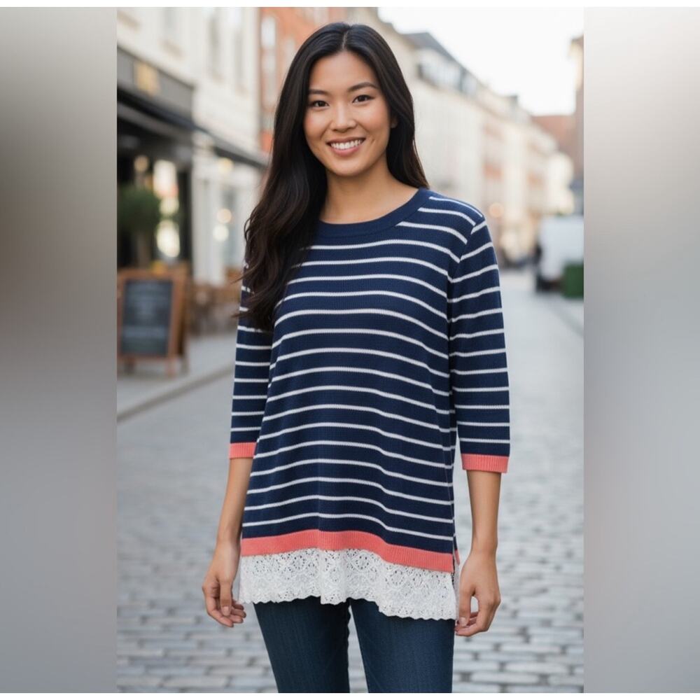 Christopher & Banks Thin Knit 3/4 Sleeve Blue White Stripe Sweater Size Large